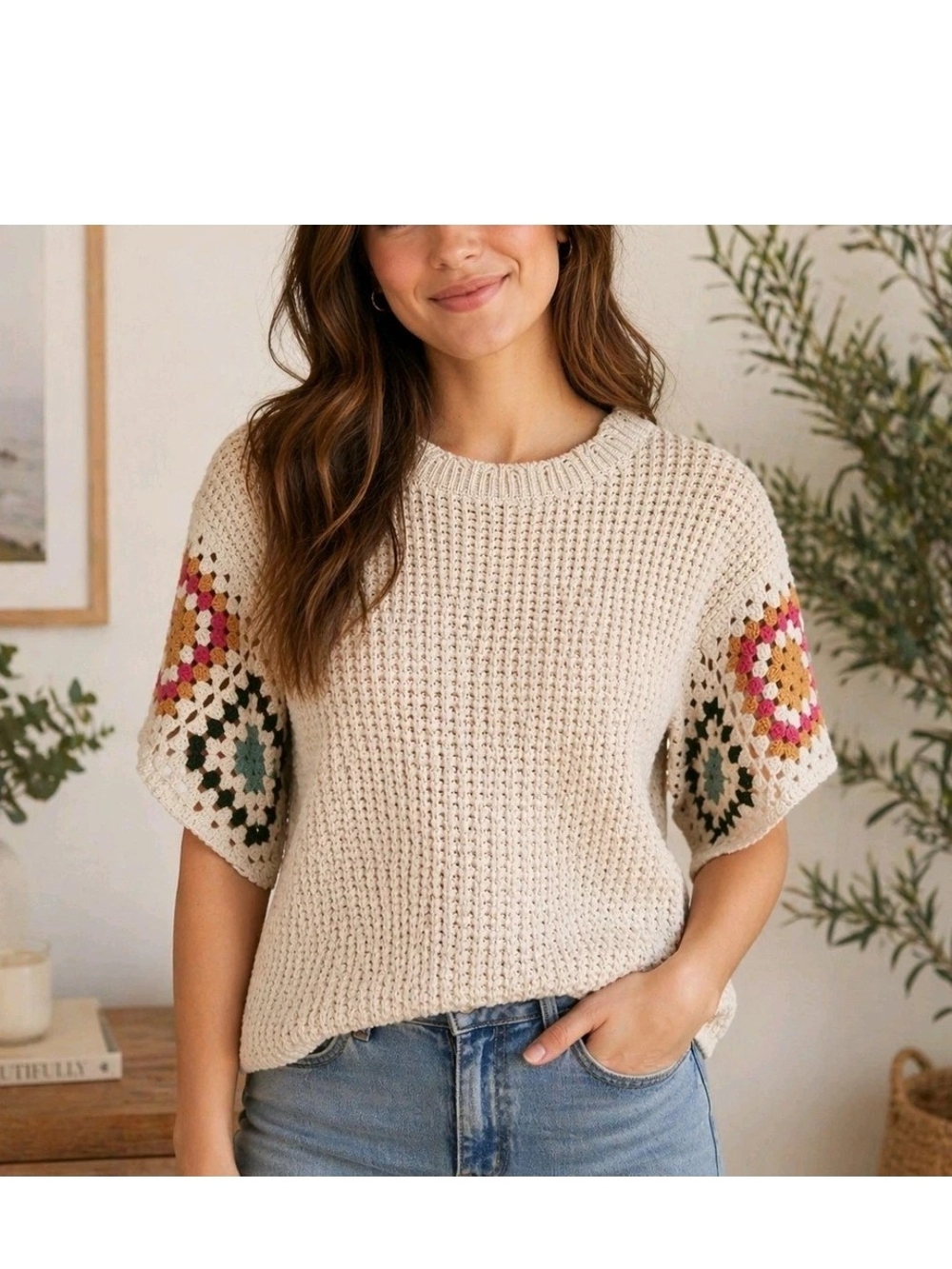 Bunulu Granny Square Crochet Short Sleeve Crop Sweater Size Medium